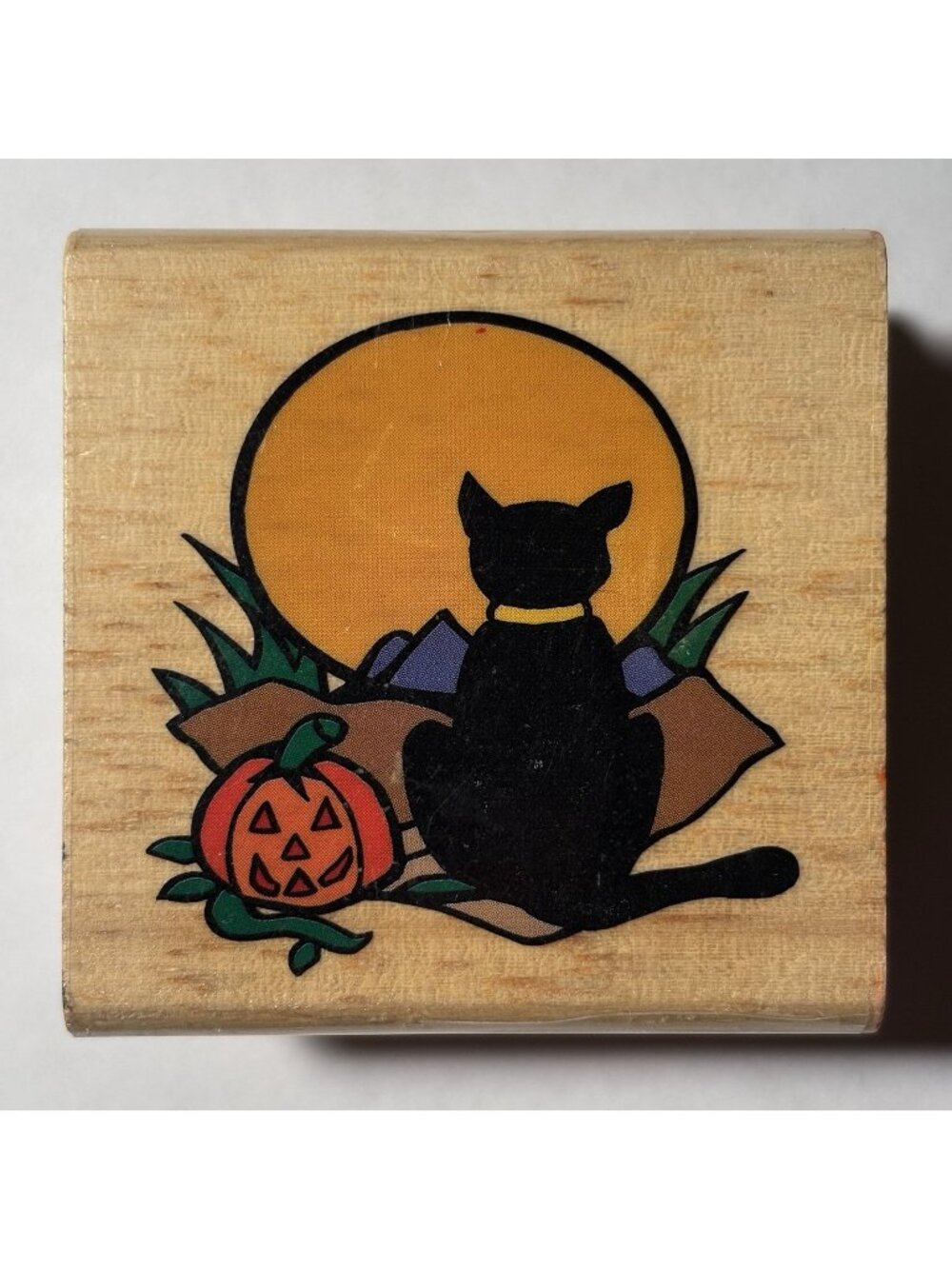 Canadian Maple Collection Wooden Rubber Stamp Halloween Black Cat Moon Pumpkin